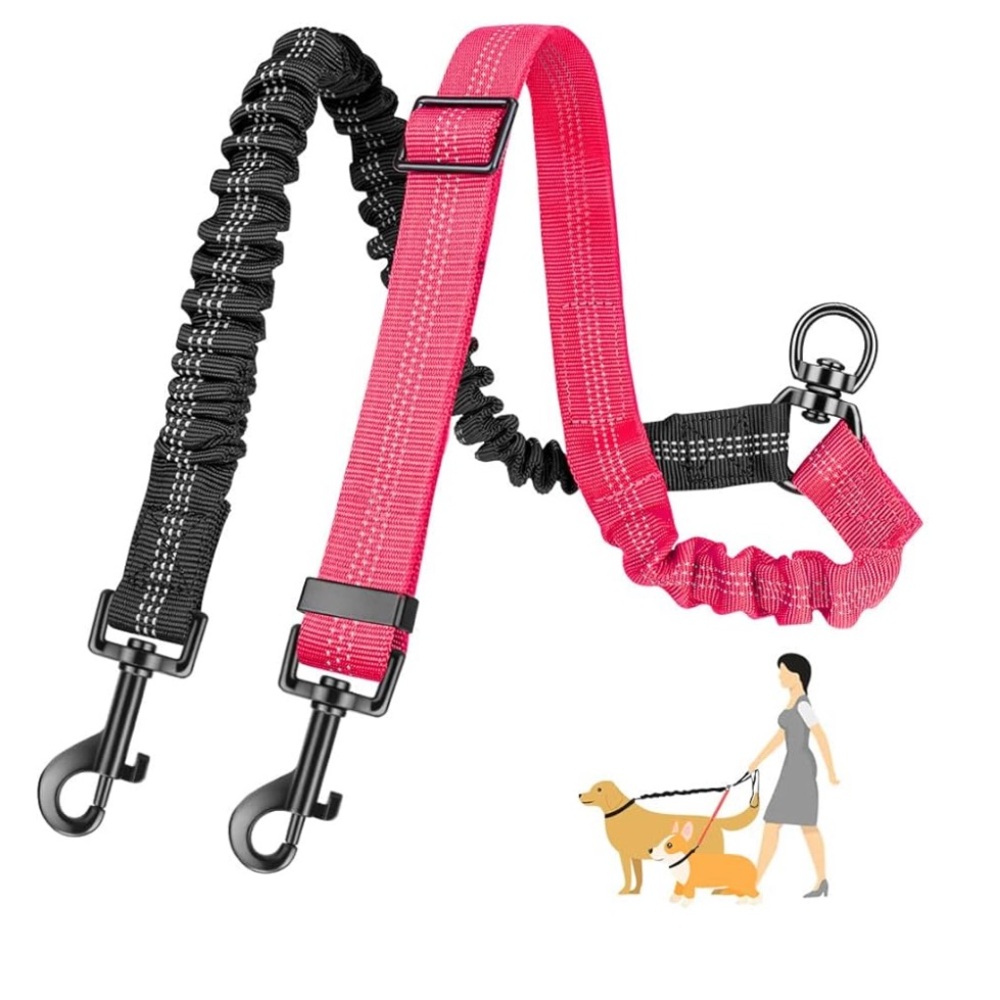 Premium Dual Dog Leash with Bungee - Black and Pink